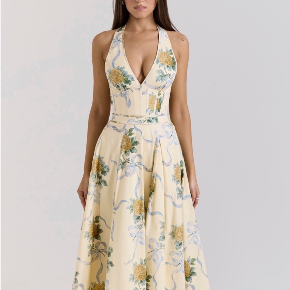House of CB Allena lemon ribbon stretch cotton halter midi sundress - Picture 5 of 10